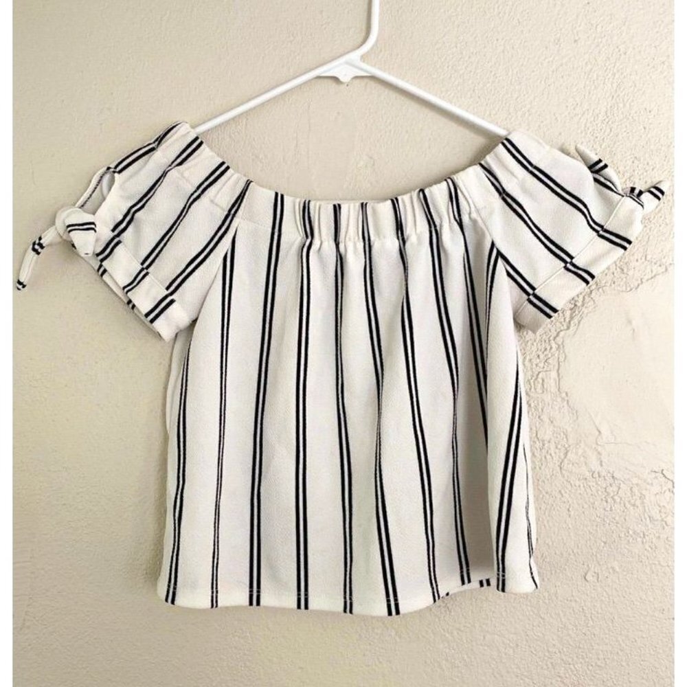 Ivoire Women's off the shoulder top small black white stripes shirt tie sleeves